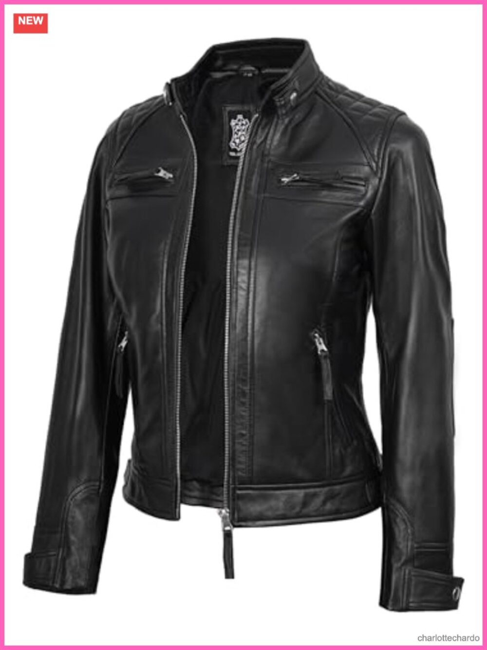 Real Lambskin Leather Moto Biker Jacket Quilted Zip-Up Women's